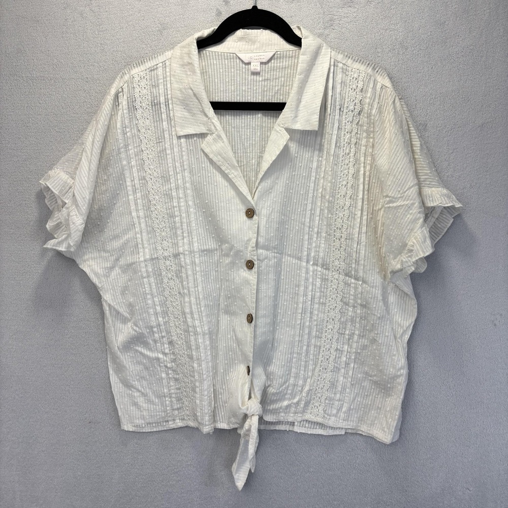 Swiss Dot Tie Front Button Blouse Womens XXL White Ruffle Rodeo Festival Western